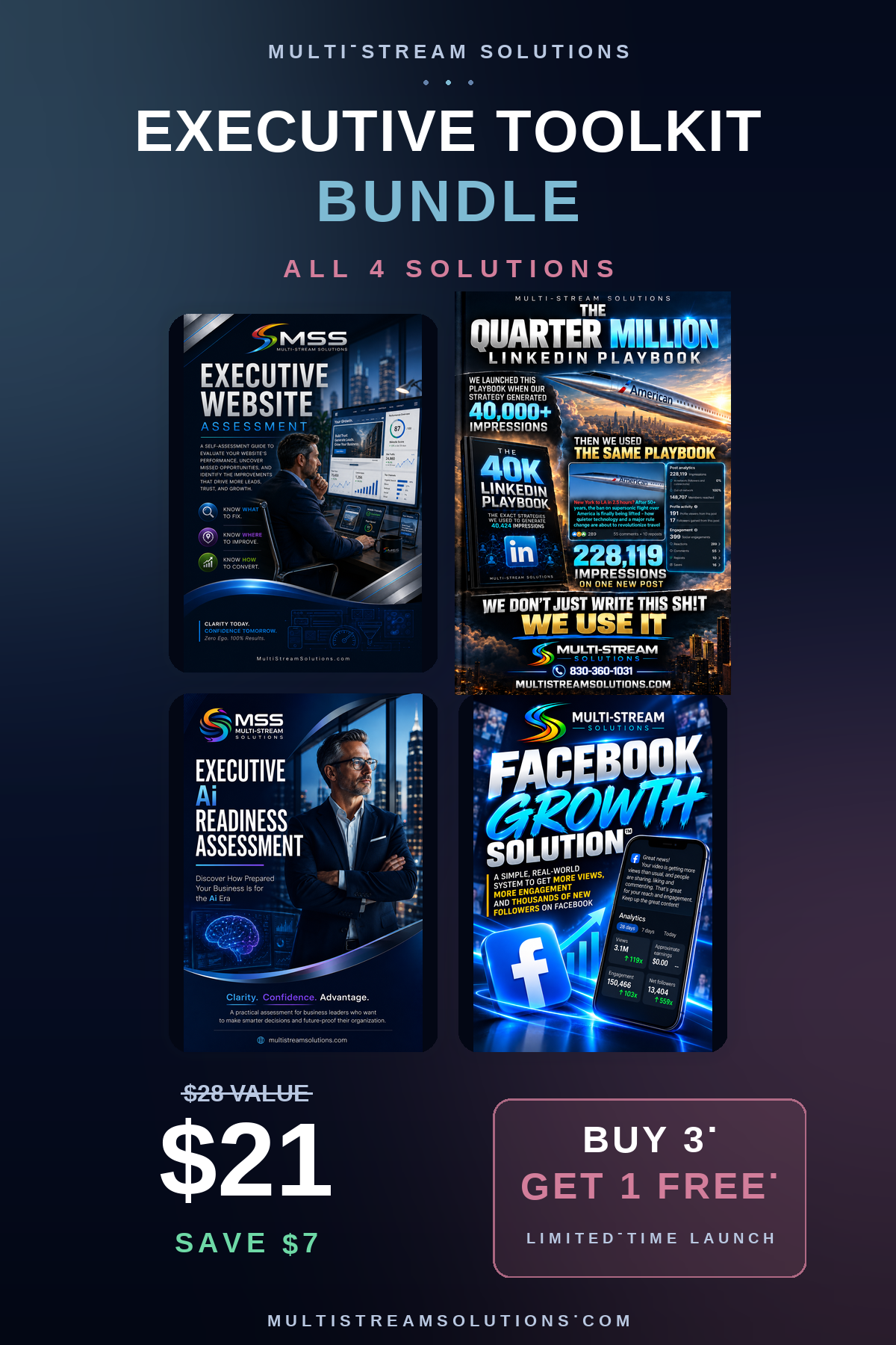 Executive Toolkit Bundle. All 4 solutions: Executive Website Assessment, Quarter Million LinkedIn Playbook, Executive Ai Readiness Assessment, and Facebook Growth Solution. $28 value. Only $21. Save $7. Buy 3. Get 1 free.