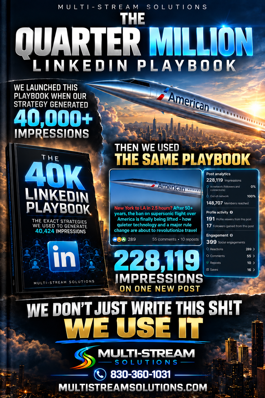 Quarter Million LinkedIn Playbook cover. The $7 Acquisition Engine. 40,424 impressions in 7 days, then 228,379 on a subsequent post. Not another social media guru e-book. This is proof.